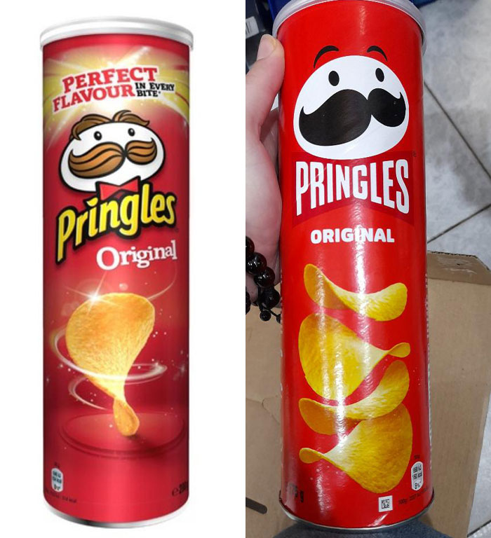 Pringles design fail with mismatched logos and labels on two red cans, showing brand packaging error.