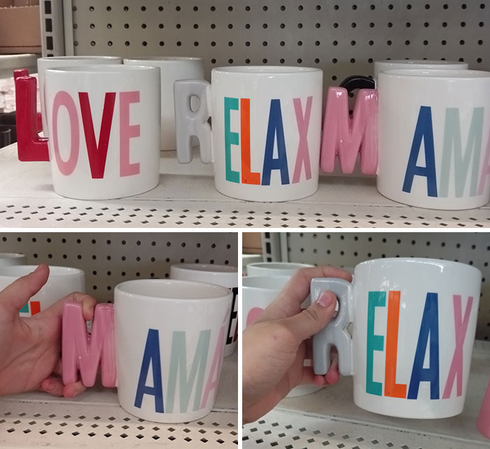 Design fails with mugs spelling "RELAX MAMA," showing incorrect alignment and order of letters.