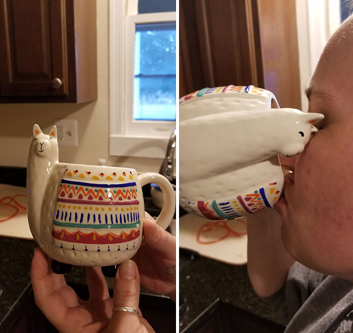 Decorative llama-shaped mug design fail, revealing awkward drinking experience.