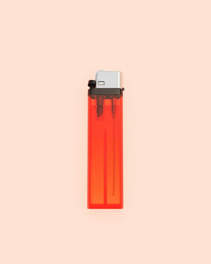 Red lighter on a beige background, used differently than intended purpose.