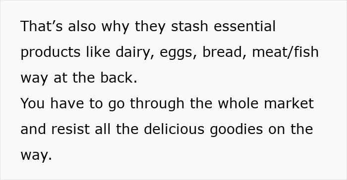 Text highlighting supermarket psychological tricks to influence shoppers' paths via product placement.