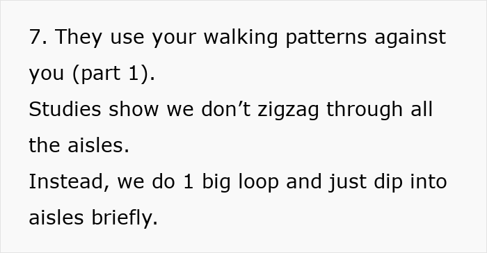 Text about psychological tricks supermarkets use, highlighting walking patterns to influence shopping paths.