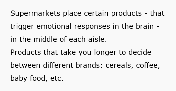 Text about psychological tricks supermarkets use to influence product placement in aisles.