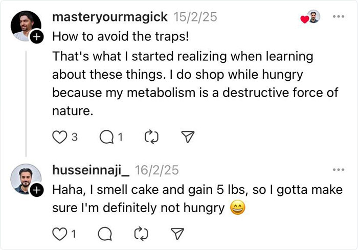 Social media comments discussing psychological tricks supermarkets use on consumers.