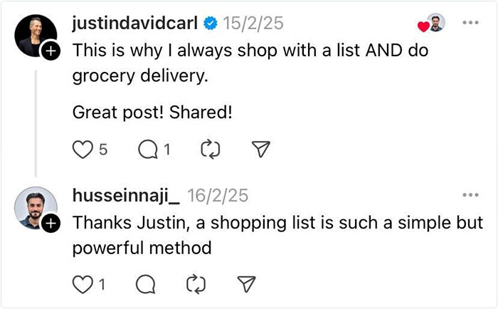 Social media comments discussing psychological tricks in supermarkets and the effectiveness of using a shopping list.