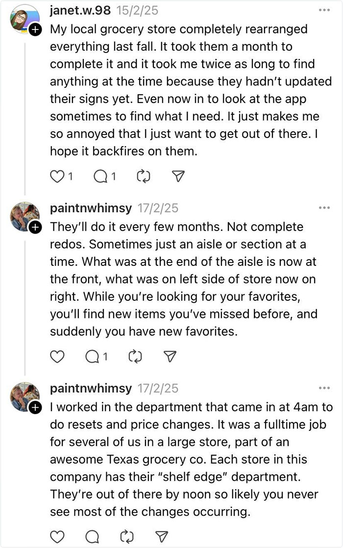 Comments discussing psychological tricks supermarkets use for product arrangement and shopper influence.