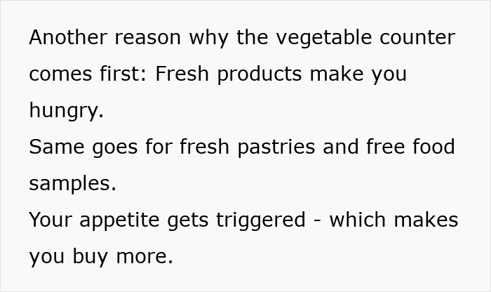 Text explaining psychological tricks supermarkets use to increase sales through strategic product placement.