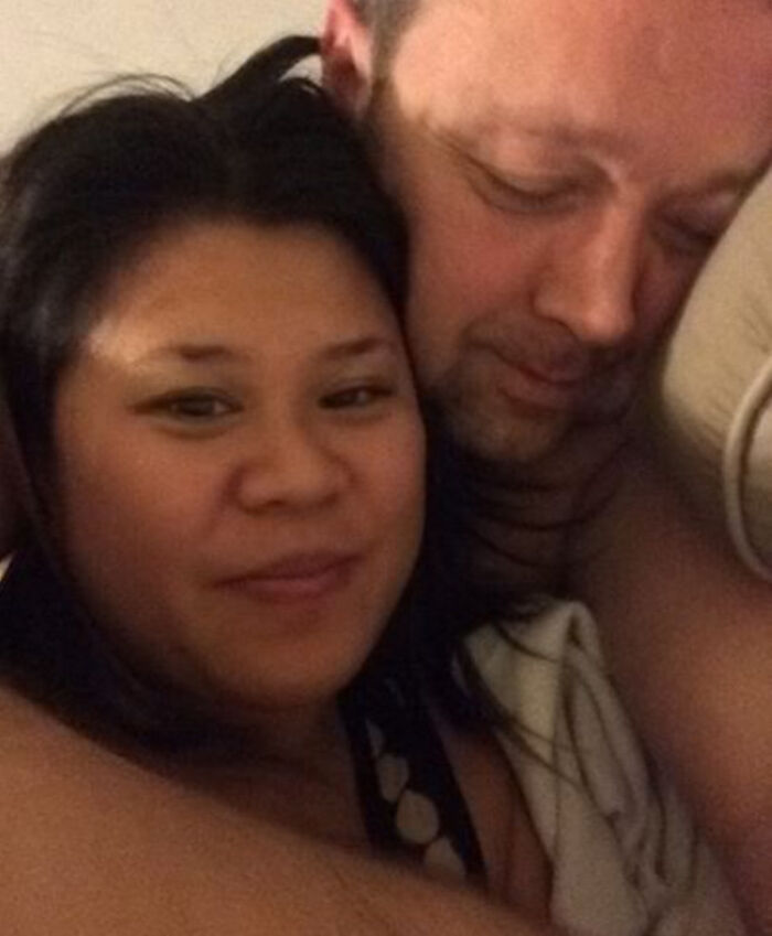 A couple in an intimate embrace, one looking at the camera, linked with creepy photos and dark histories.