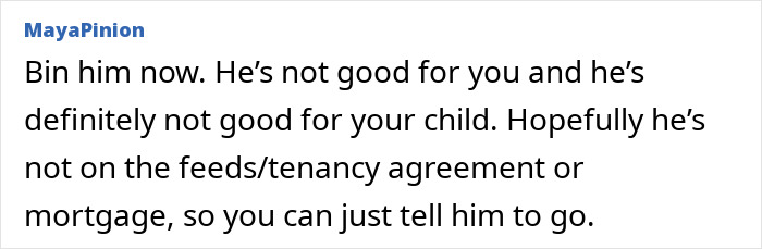 Text screenshot advising a woman to end a relationship with her boyfriend due to concerns about her child.
