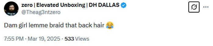 Tweet from user joking about Rachel Zegler's back hair, with emoji.