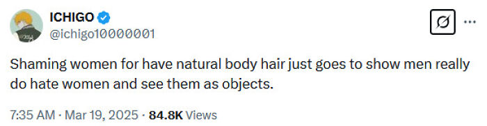 Tweet criticizing shaming over natural body hair with reflection on objectification, gaining widespread attention.