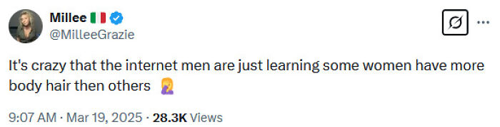 Tweet from Millee addressing body hair differences and reactions on the internet.