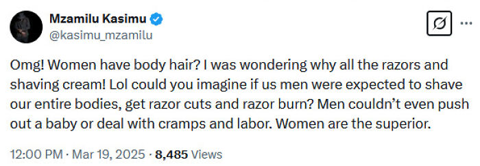Tweet discussing women's body hair and societal expectations.