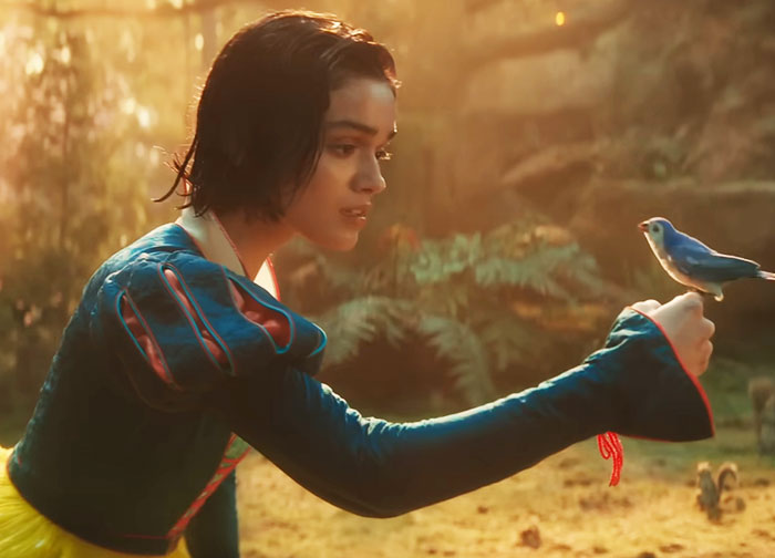 Snow White character in a forest setting interacting with a bluebird.