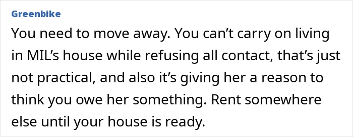 Text advice suggesting relocation to avoid conflict, referencing "MIL's house" and challenging family dynamics.