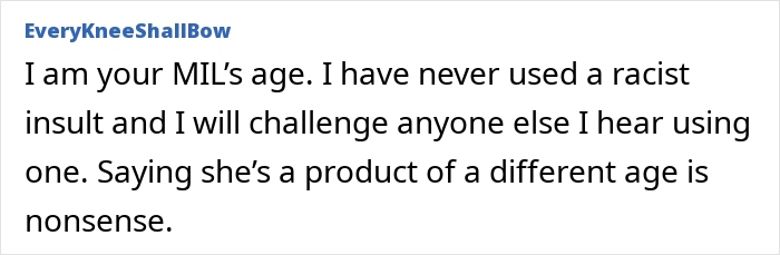 Text screenshot addressing a racist MIL comment and challenging the idea of generational excuses.