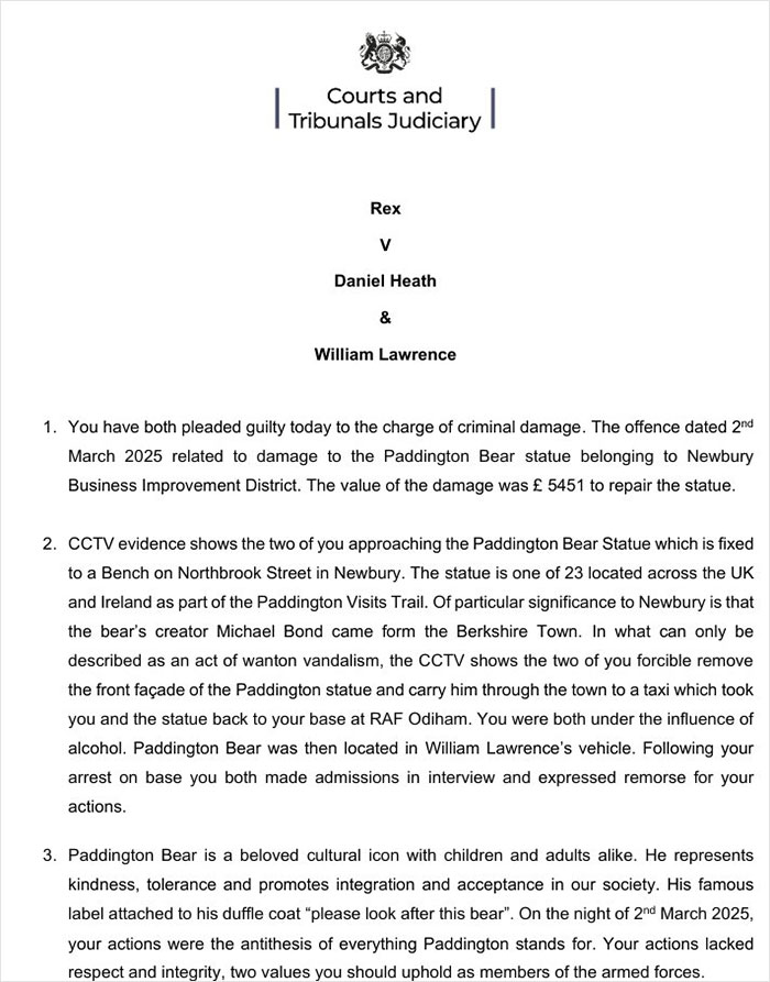 Court document detailing sentencing of military personnel for damaging Paddington Bear statue.