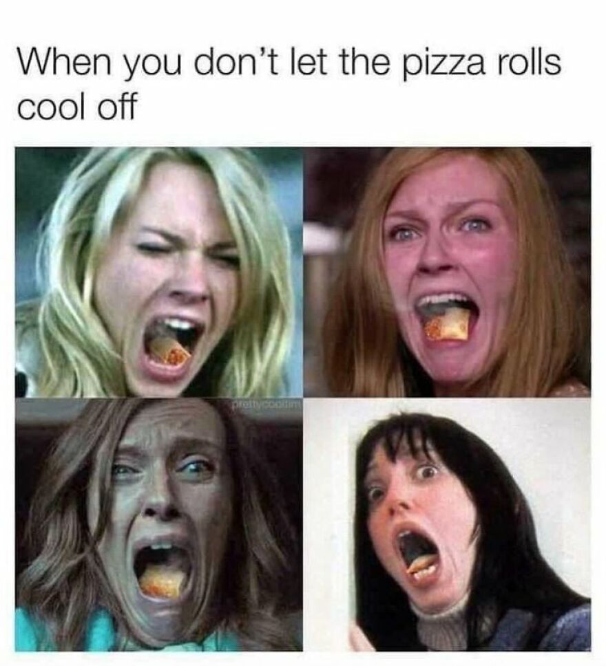 Four images of people comically reacting to eating hot pizza rolls; humorous meme moment.