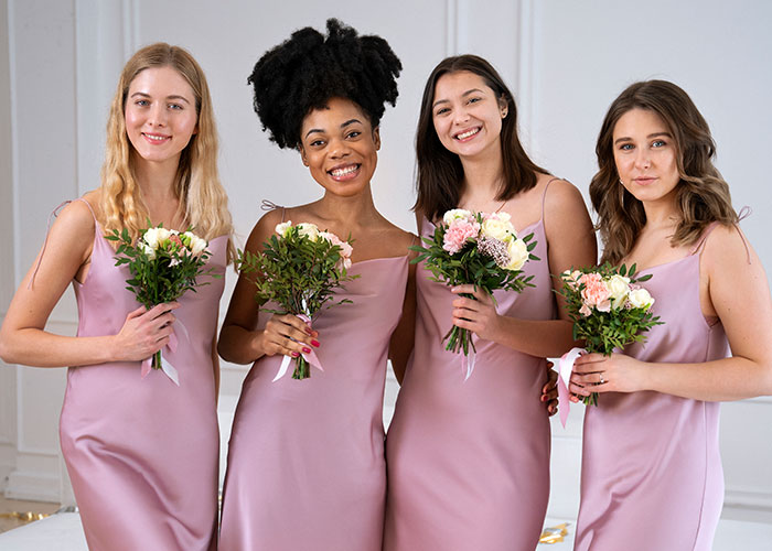 Four women in pink dresses holding bouquets, smiling for a group photo.