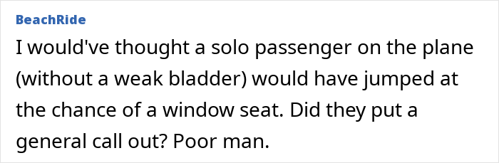 Text comment about a solo passenger refusing to switch seats with an overweight traveler on a plane.