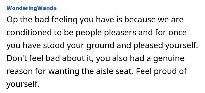 Text from a user advising someone to feel proud for retaining their seat despite discomfort.
