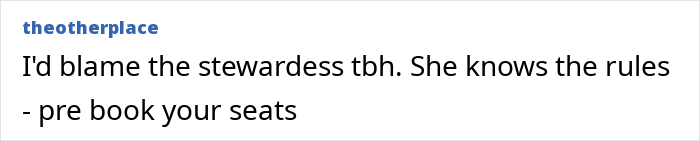 Comment discussing seating rules and pre-booking, mentioning stewardess responsibility in the context of overweight traveler scenario.