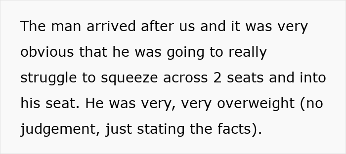 Text discussing a situation involving an overweight passenger struggling with seating.