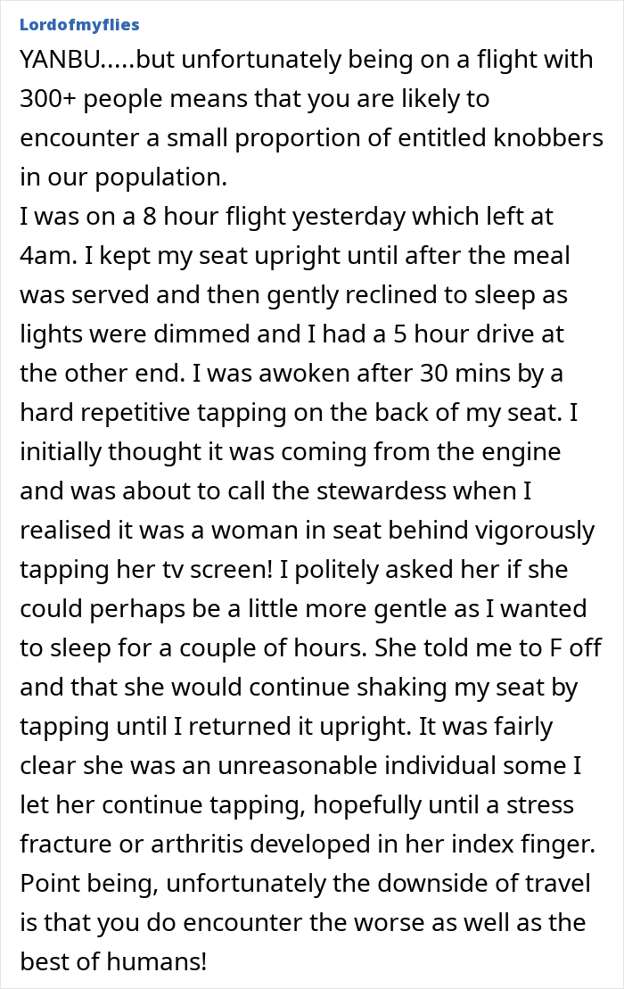 Text detailing an in-flight experience with a passenger rejecting a seat switch due to another passenger's screen tapping.