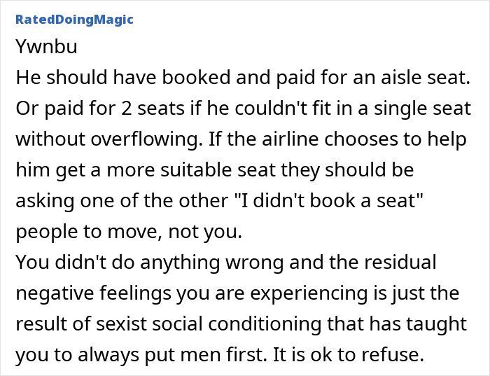 Comment discussing refusal to switch seats with overweight traveler.