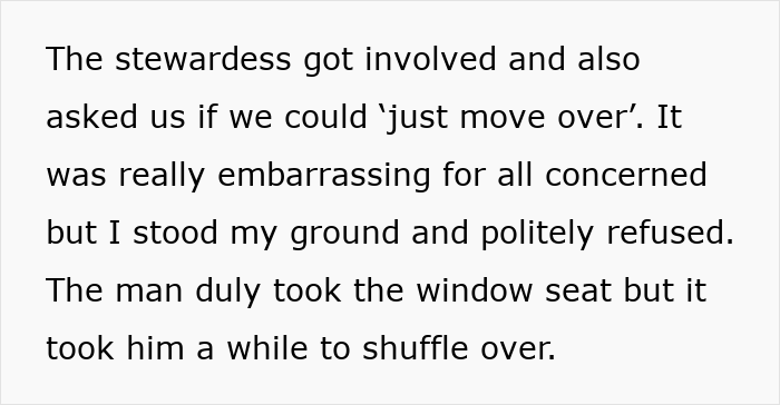 Text recounts an interaction where a passenger refused to switch seats with an overweight traveler, involving a stewardess.