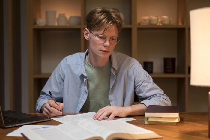 Man studying at a desk with books and laptop, focused on reading for college work. Man studying at a desk with books and laptop, focused on reading for college work.