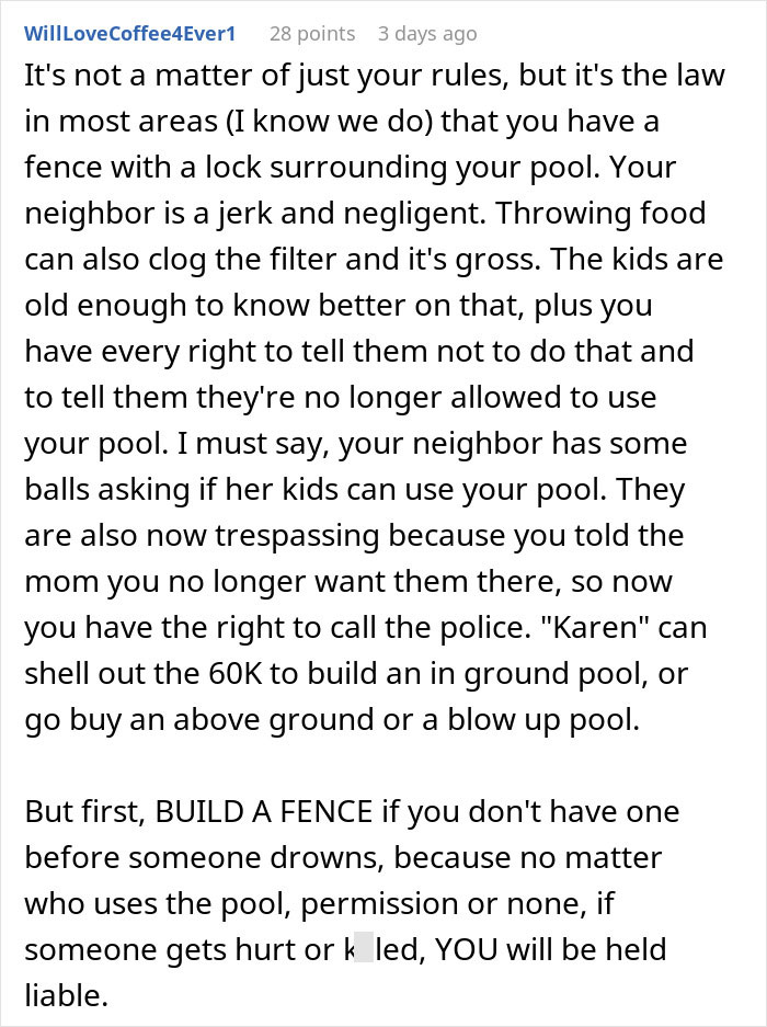 Text on neighbor's kids using someone's pool and legal advice about building a fence.