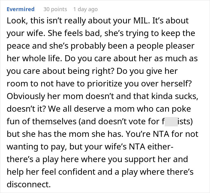 Reddit comment discussing MIL, husband, and wife dynamics after a family conflict. Reddit comment discussing MIL, husband, and wife dynamics after a family conflict.