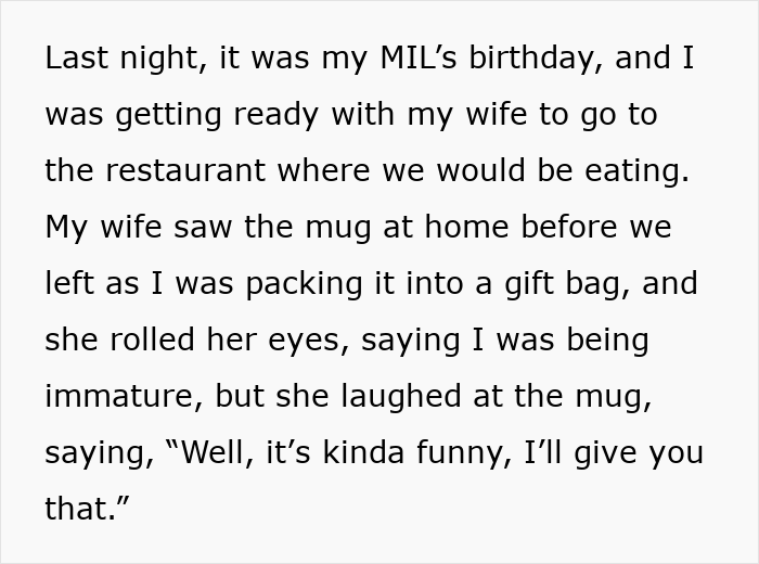 Text about MIL birthday gift mug incident, highlighting a humorous response before a dinner outing. Text about MIL birthday gift mug incident, highlighting a humorous response before a dinner outing.