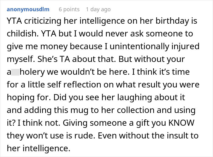 Comment discussing an argument about a gift and accidental injury, with the term "TA" used. Comment discussing an argument about a gift and accidental injury, with the term "TA" used.