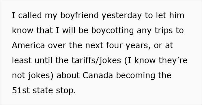 Text about a woman's decision to boycott U.S. travel over tariffs and 51st state jokes.
