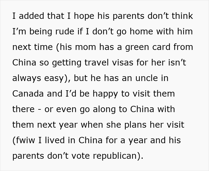 Text discussing a woman's decision to avoid a boyfriend's family visit due to U.S. tariffs and jokes about the 51st state.