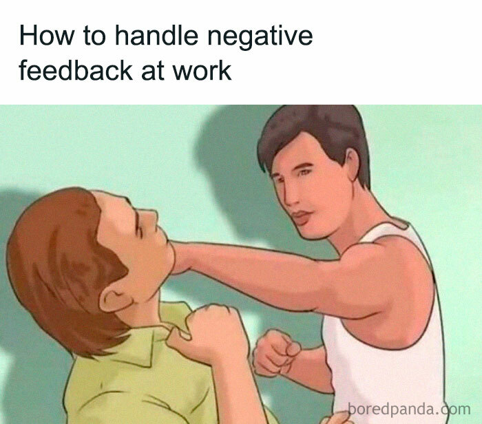 Two cartoon figures, one punching the other, illustrating handling feedback humorously.