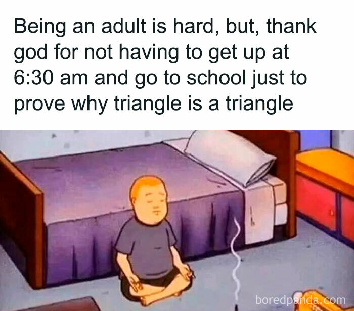Introvert meme showing a character meditating, grateful for not waking up early for school geometry.
