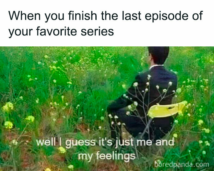 Person sitting alone in a field with the text, "When you finish the last episode," capturing introvert humor.
