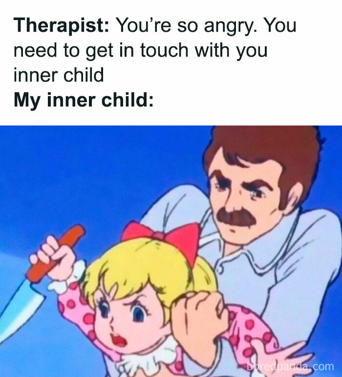 Cartoon character restraining an angry child holding a knife, illustrating a humorous introvert meme.