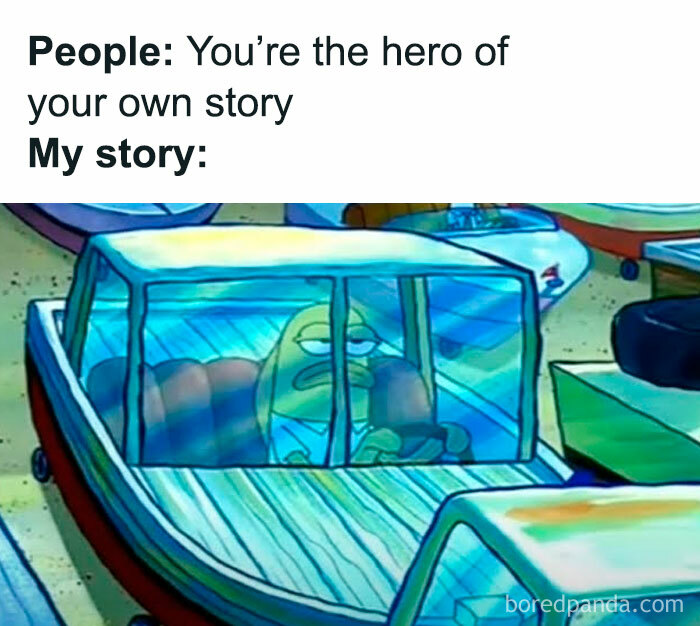 Cartoon fish looking tired in a boat car, illustrating an introvert meme about personal stories.