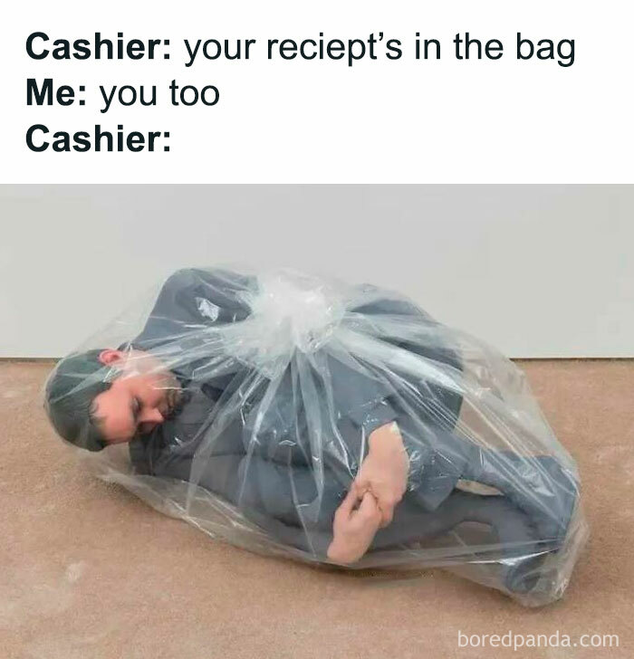 Introvert meme with person wrapped in plastic, reacting humorously to an awkward cashier interaction.