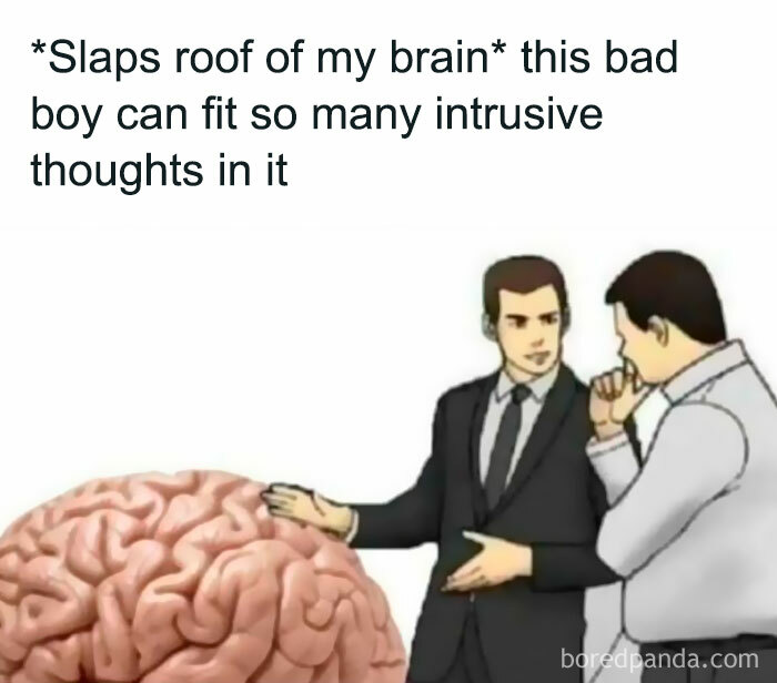 Two cartoon men gesturing at a brain, illustrating amusing memes related to intrusive thoughts.