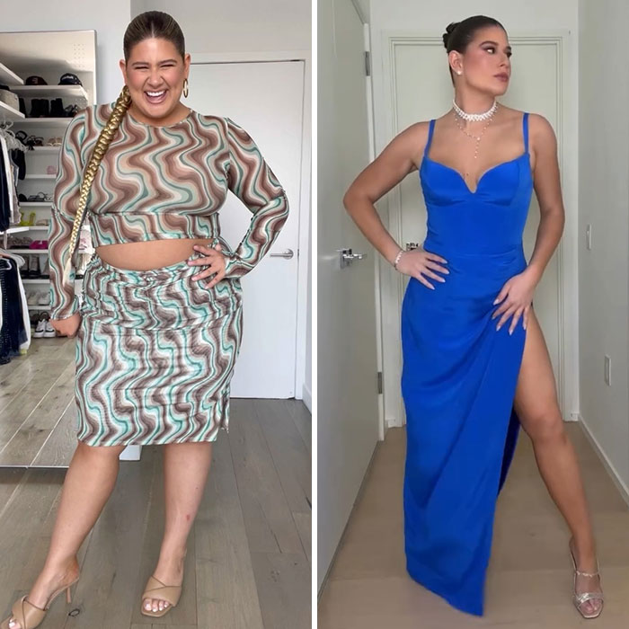 Plus-size influencer posing in stylish outfits, showcasing fashion versatility.