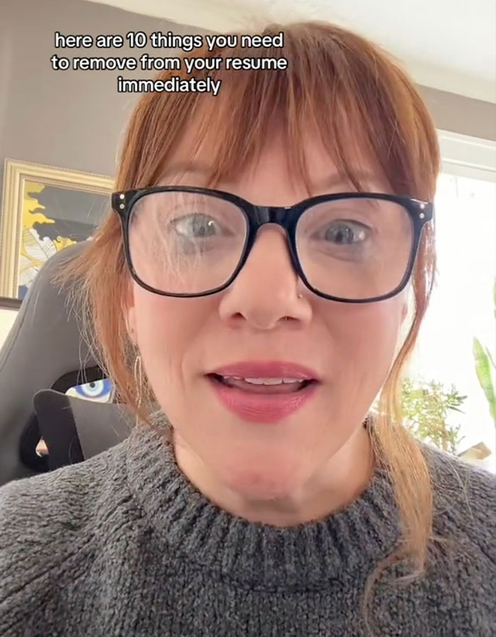 Person with glasses shares r&eacute;sum&eacute; writing tips on common mistakes, emphasizing what to exclude in 2025 applications.