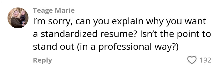 Comment questioning standardized r&eacute;sum&eacute;s, highlighting common mistakes in 2025 r&eacute;sum&eacute; writing.