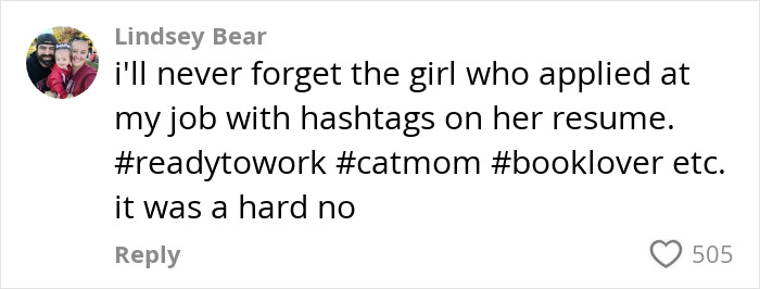 Comment about r&eacute;sum&eacute; mistakes in 2025, mentioning hashtags like #readytowork and #catmom, with 505 likes.
