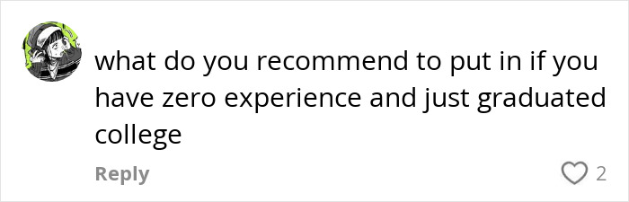 Comment asking for r&eacute;sum&eacute; advice for new graduates, part of viral r&eacute;sum&eacute; writing discussion in 2025.