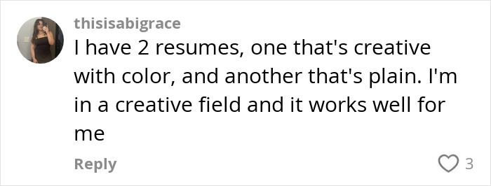 User comment on creative and plain r&eacute;sum&eacute;s for different job fields in 2025.
